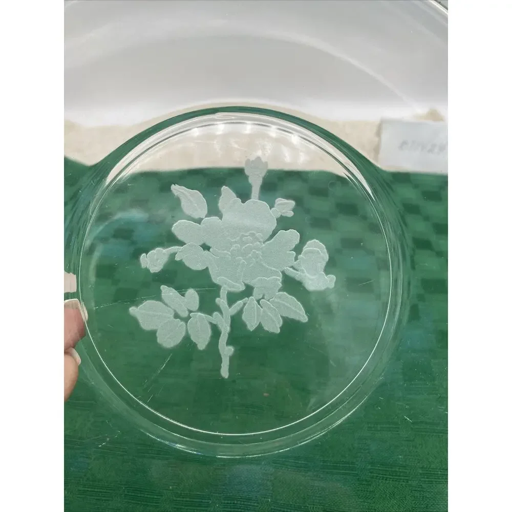 8” Clear Glass Dessert Plate Etched Floral Design Bottom